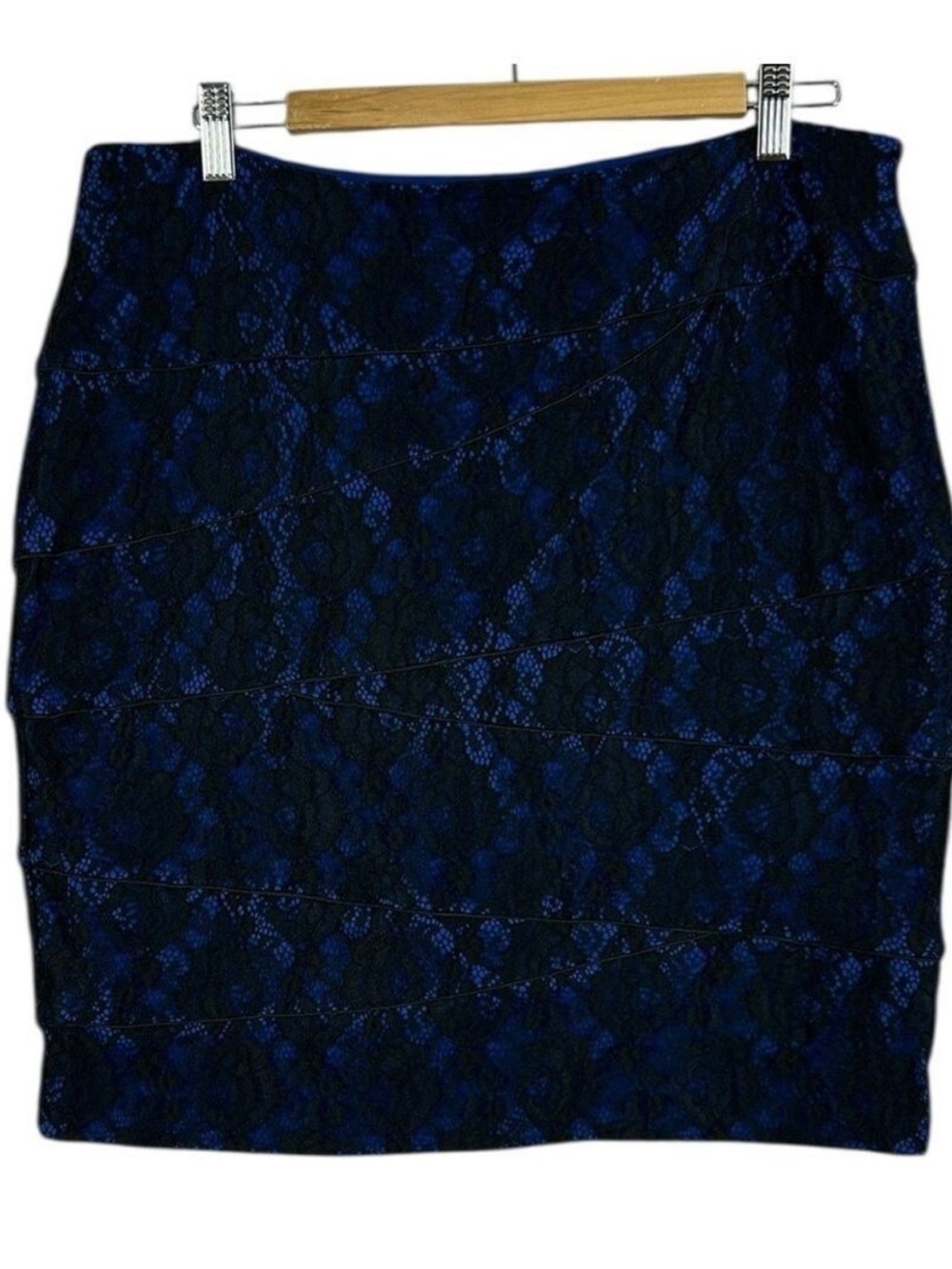 Lapis Chic Lace Overlay Side Zip Closure Pencil Mini Skirt XL Blue Black Party